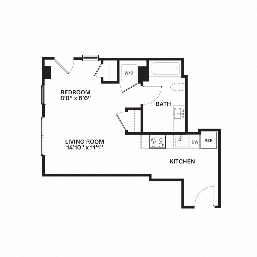 Floor plan for studio, 1 bath, 553 sqft
